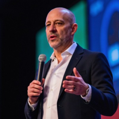 Bald man on stage holding a microphone. He is mid speech to an audience while a large video screen is behind him,